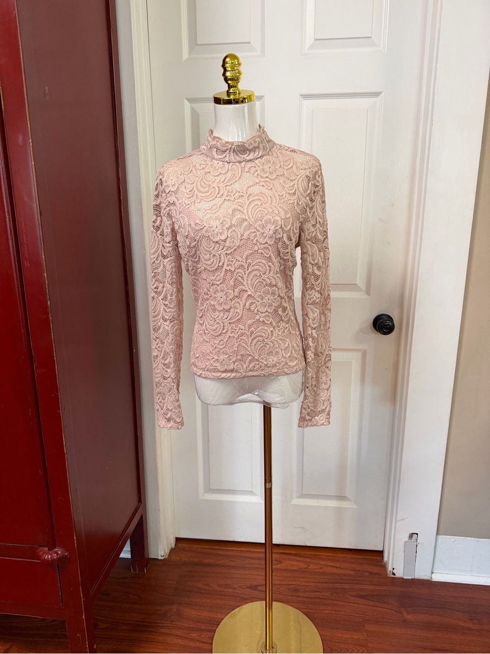 bebe Blush Pink Lace Mock-Neck Long Sleeve Top